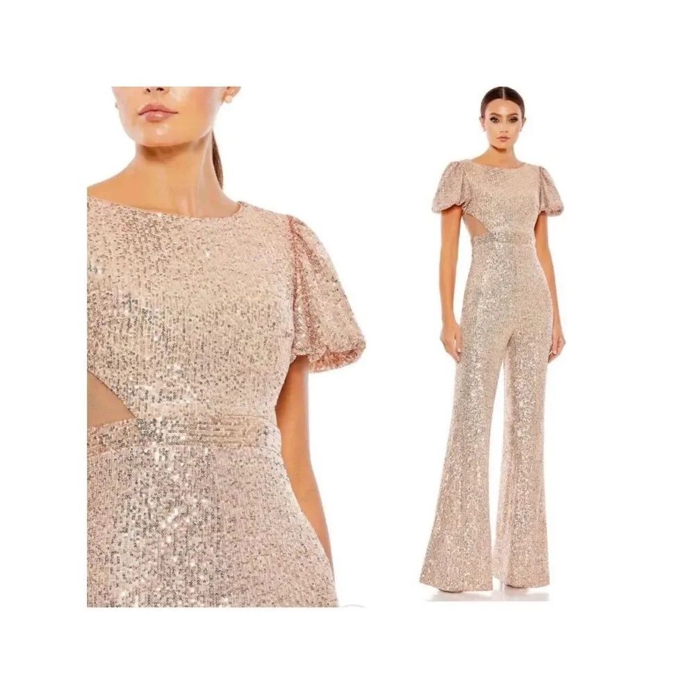 Mac Duggal 11273 Short Sleeve Rose Gold Sequined Evening Jumpsuit $398 NWT